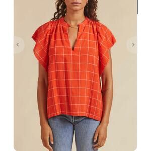 Trovata Anthropologie Short Sleeve Bohemian Blouse Picnic Plaid Orange Large